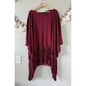 Patti LaBelle Silk Blend Red Knit Fringe Boat Neck Poncho Top Holiday Glam OS